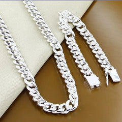 925 Sterling Silver Sets 10MM 20''24'' Link Chain Necklace Bracelet Sets