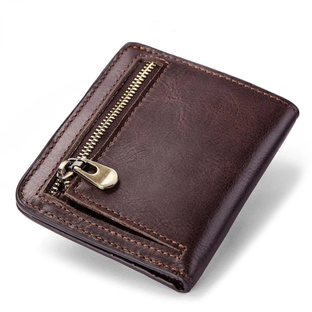 Vintage Short Men's Leather Wallet with Zipper Pouch
