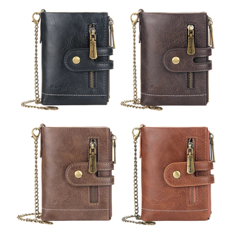 Men's Leather Short Wallet Multi-card Male Purse Zipper Pouch Retro Chain Money