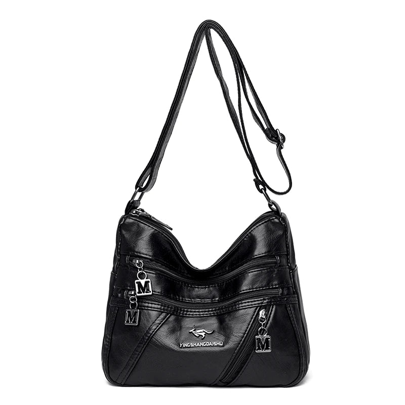 Soft Wash Leather Women Crossbody Shoulder Bag Multi-Pocket