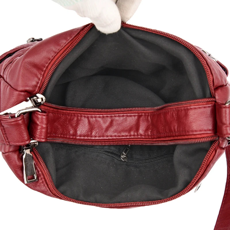 Soft Wash Leather Women Crossbody Shoulder Bag Multi-Pocket