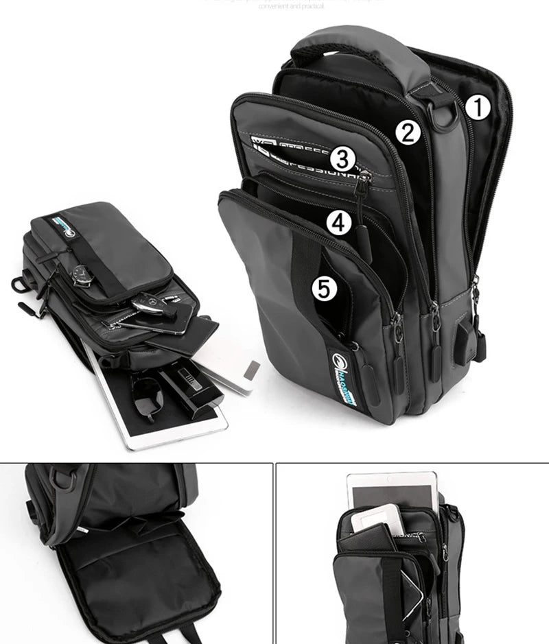 Nylon Chest Bag USB Charging Cross Body Rucksack Sling Backpack