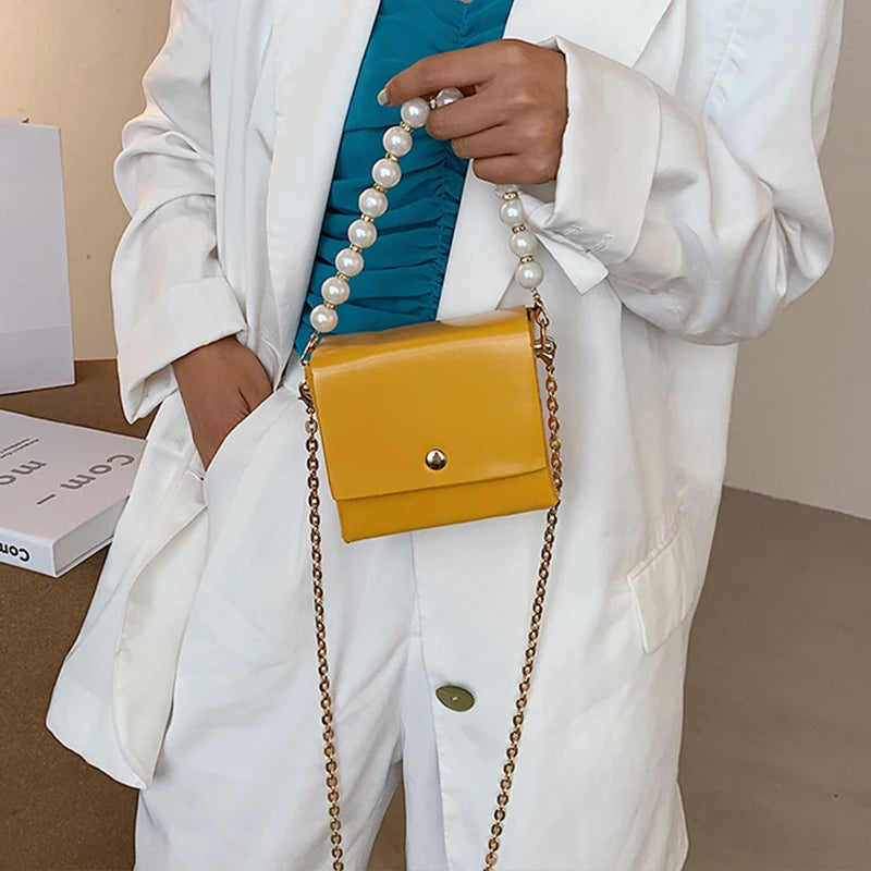 Pu Beaded Handbag Women Crossbody Bag Soft-Faced Square Shoulder Bag