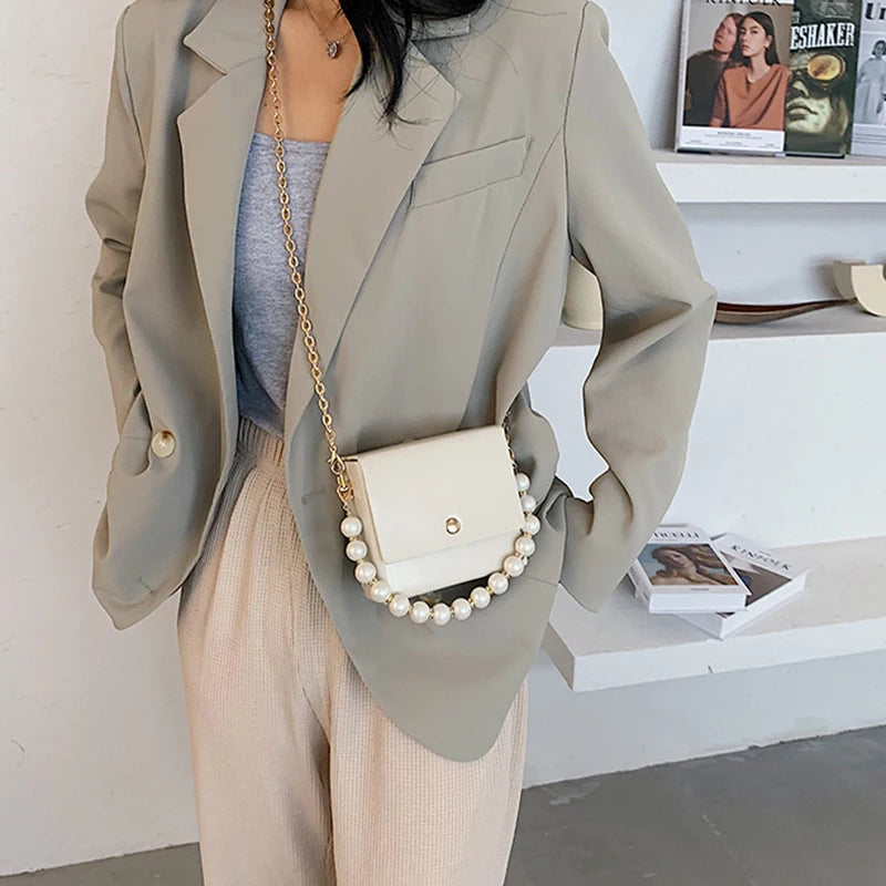 Pu Beaded Handbag Women Crossbody Bag Soft-Faced Square Shoulder Bag