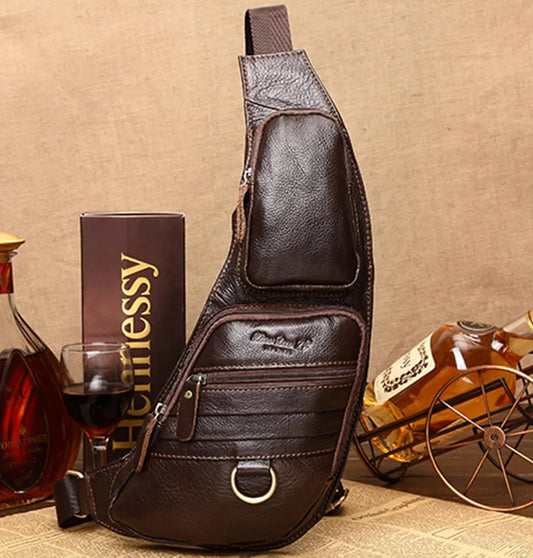 Real Cowhide Men Shoulder Chest Bag Retro Travel Sling Rucksack