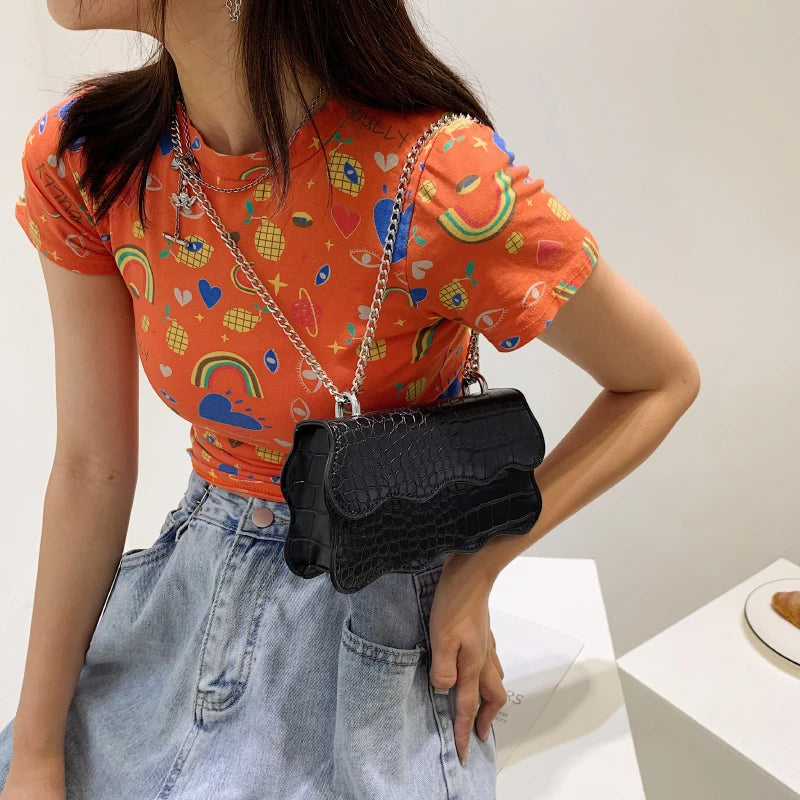 Small Stone Pattern Shoulder Bag Chains Cross Body Solid Handbag Female Sac