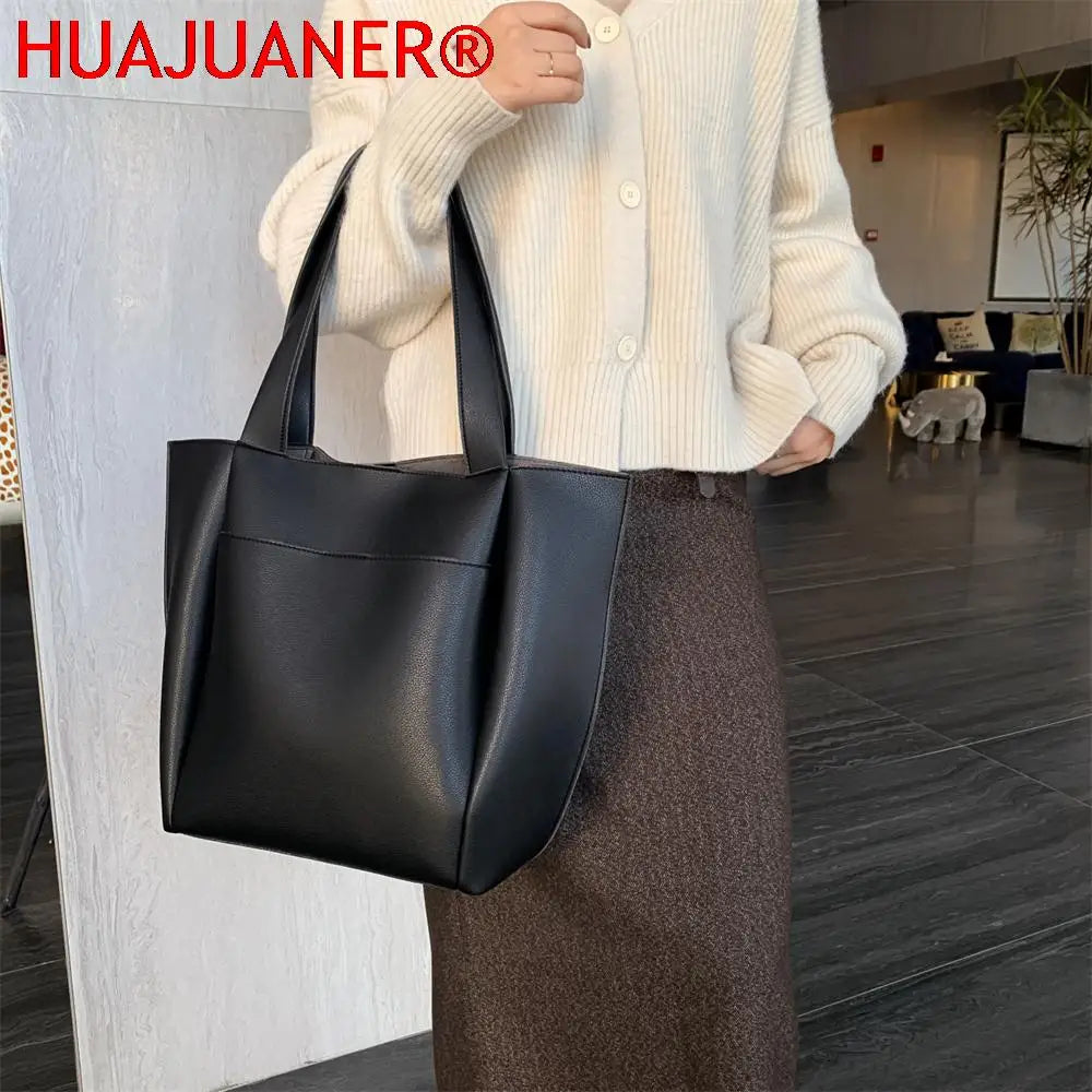 Soft Leather Woman Tote Shopper Handbag with Outer Pocket