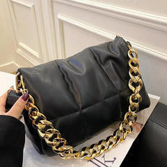 Soft Leather Messenger Bag with Thick Chains Crossbody Bag Down Handbag