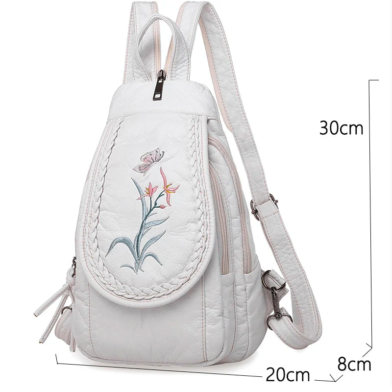 Women Backpack School Bags for Teenage Girls Leather Embroidery Flowers