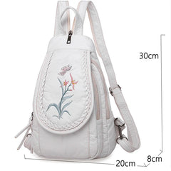 Women Backpack School Bags for Teenage Girls Leather Embroidery Flowers