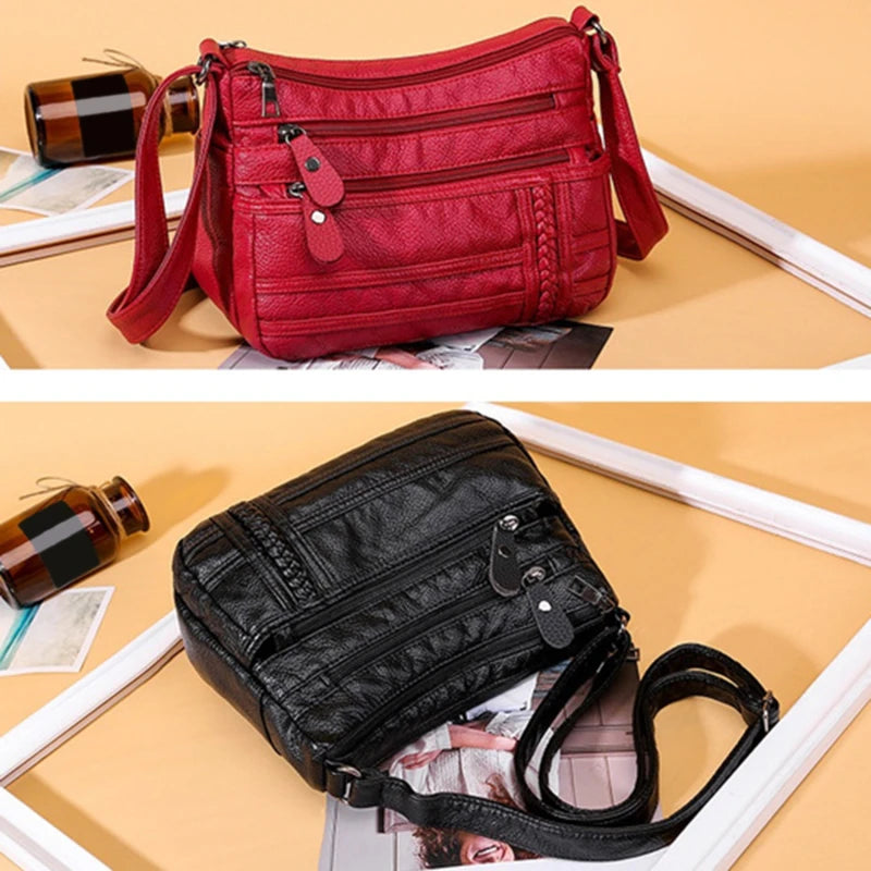 Soft Leather Shoulder Bag - Multi-Layer Classic Crossbody Handbag