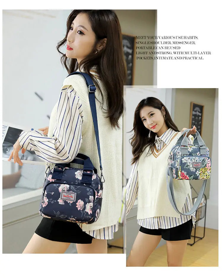 Waterproof Nylon Women Messenger Bag Large Mummy Shopping Bag Flower Tote