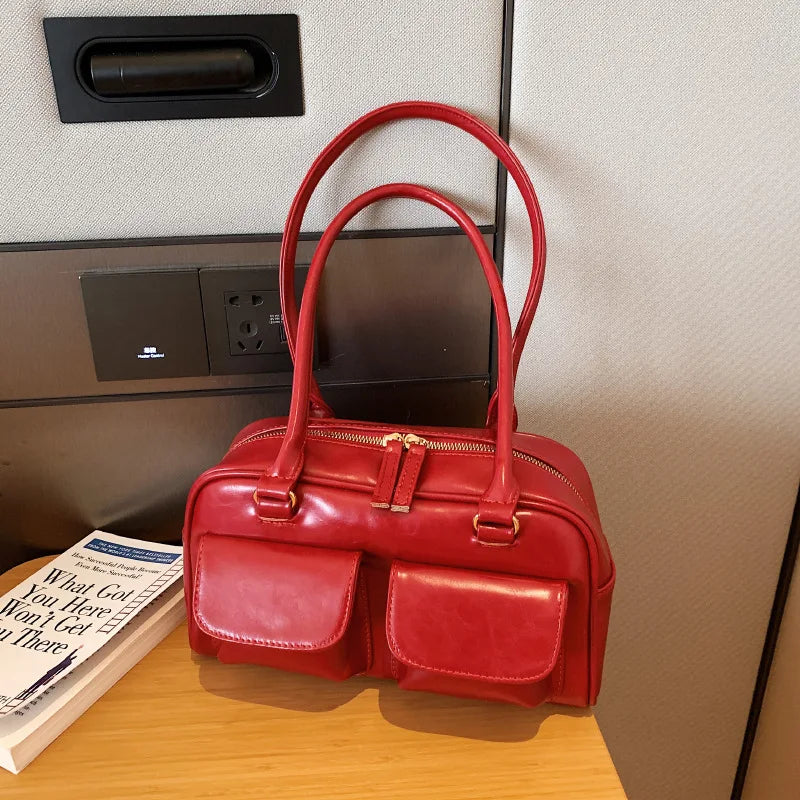 Fashionable Vintage Leather Women's Shoulder Bag with Pockets