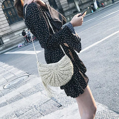 Tassel Rattan Beach Bag Straw Bucket Bag with Tassels