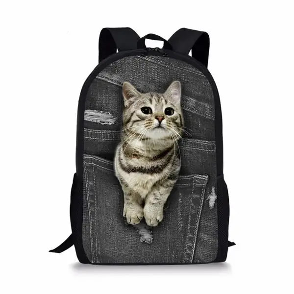 Hip Hop Notebook Backpacks Students School Bags Animal Denim Pocket Cat/Kitten 3