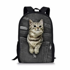 Hip Hop Notebook Backpacks Students School Bags Animal Denim Pocket Cat/Kitten 3