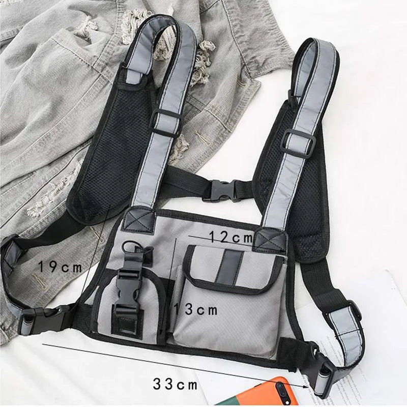 Hip Hop Tactical Vest Multifunction Chest Bag Reflective Shoulder Strap Nylon