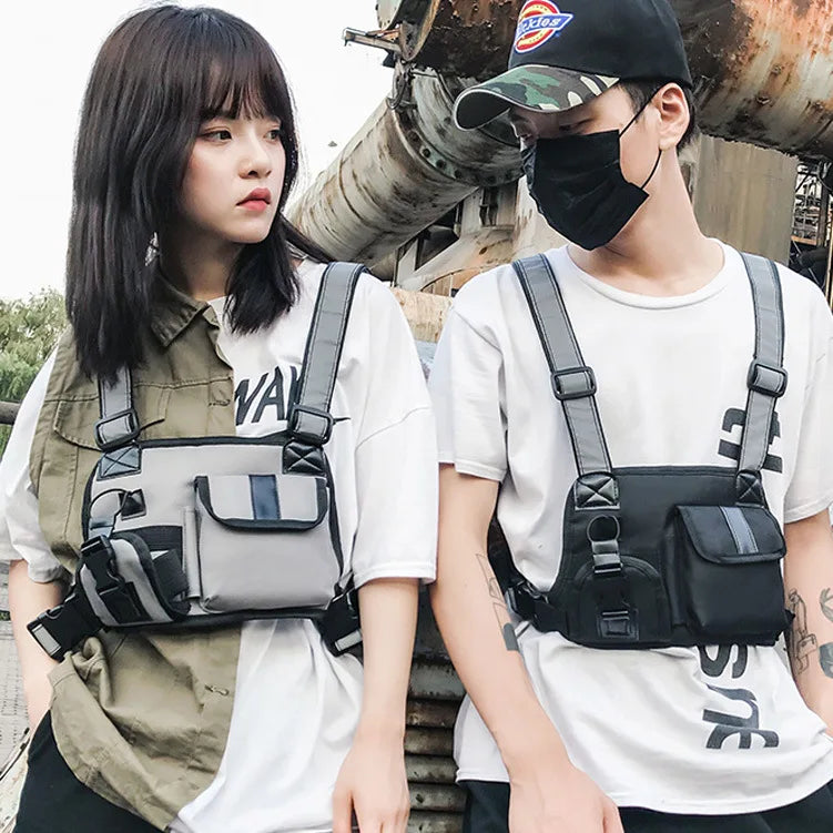 Hip Hop Tactical Vest Multifunction Chest Bag Reflective Shoulder Strap Nylon