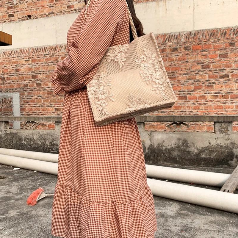 Embroidered Flower Clutch Bag, Lightweight Shoulder Tote Handbag