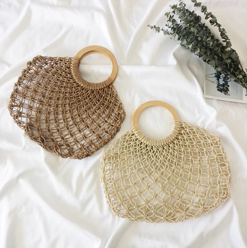 Straw Beach Handbag Woven Lady Tote Bag Half Round Hand Bag