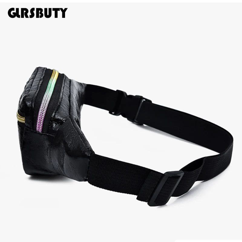 Holographic Retro PU Fanny Pack Girls Bum Waist Bag Pink Women`s Belt Bag
