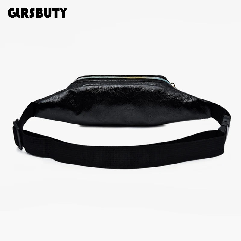 Holographic Retro PU Fanny Pack Girls Bum Waist Bag Pink Women`s Belt Bag