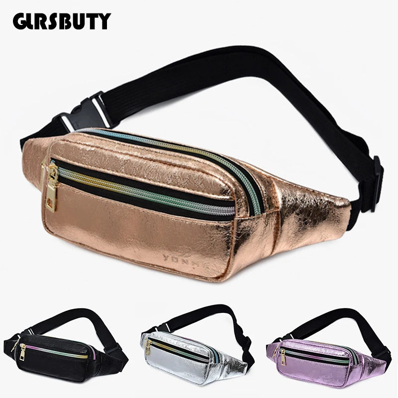 Holographic Retro PU Fanny Pack Girls Bum Waist Bag Pink Women`s Belt Bag