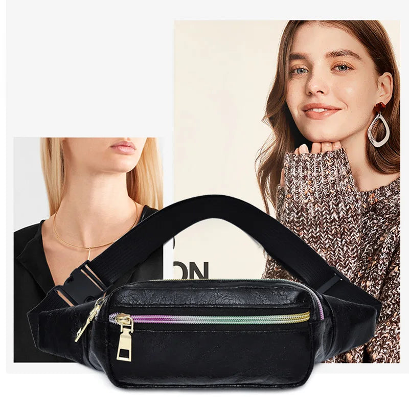 Holographic Retro PU Fanny Pack Girls Bum Waist Bag Pink Women`s Belt Bag