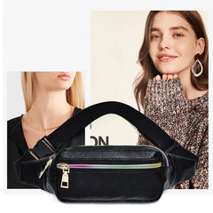 Holographic Retro PU Fanny Pack Girls Bum Waist Bag Pink Women`s Belt Bag
