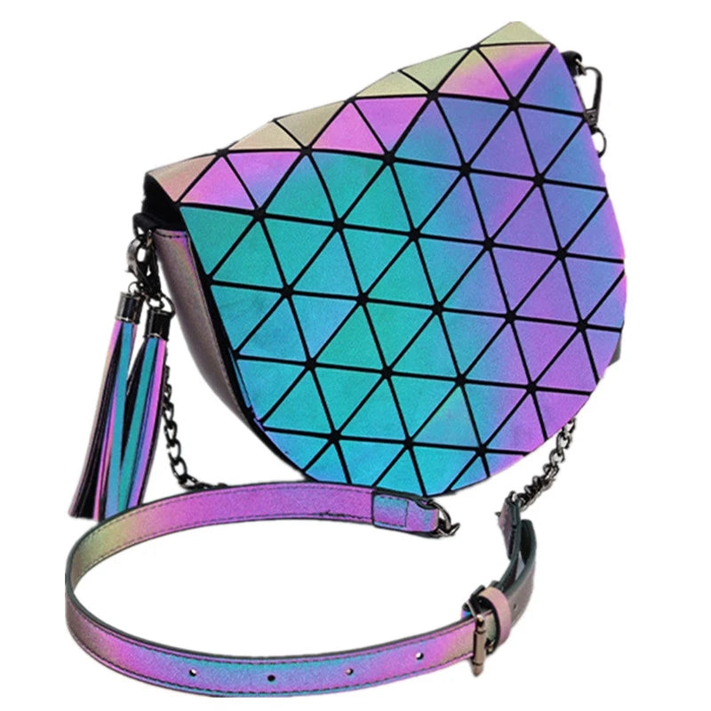 Holographic Shoulder Bag Saddle Bag with Tassel Chain Flap