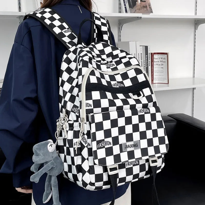 HK Wind Checkerboard Schoolbag for College Students