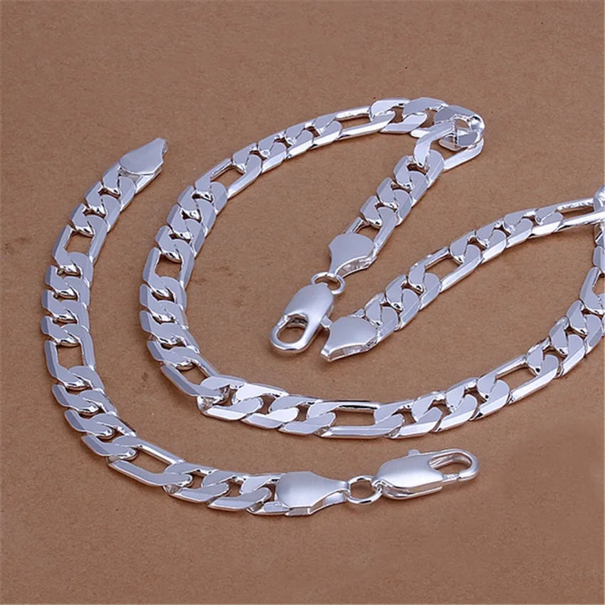 925 Silver Bracelet Necklace Set 12MM Chain 18/20/22/24/26/28/30 inch