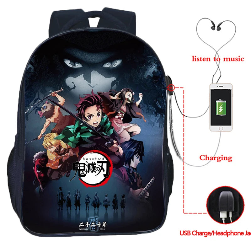 Anime Backpack Demon Slayer Mochila USB School Bags for Teenage Boys Girls