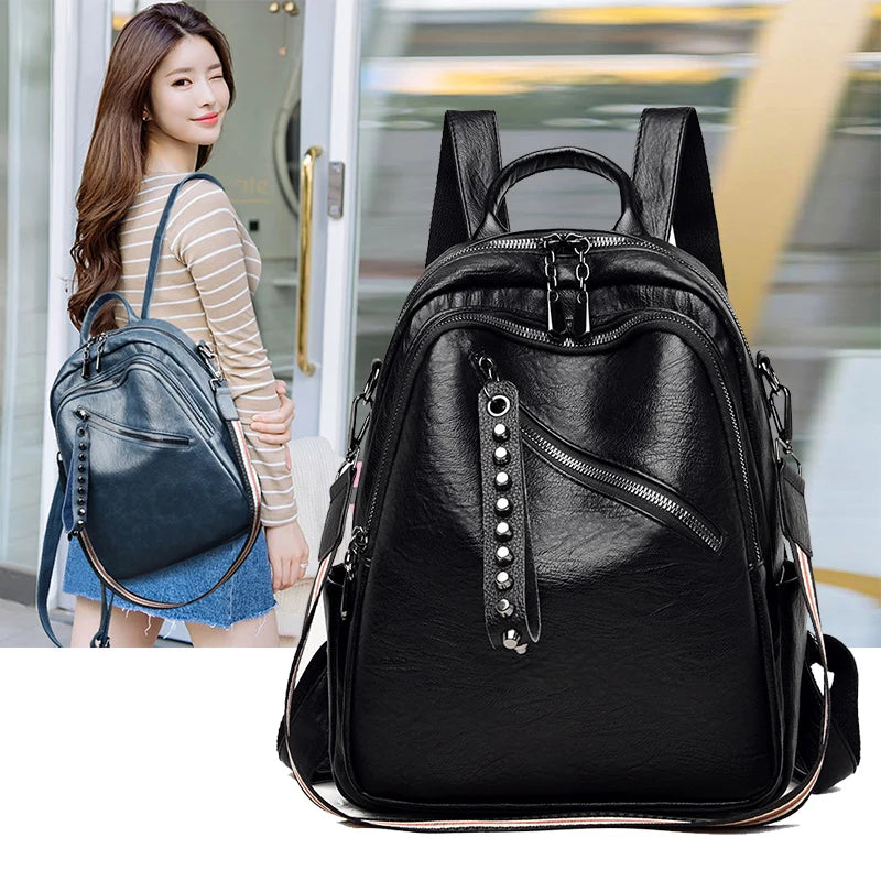 Women Leather Backpack Large Capacity Shoulder Bag Casual School Travel Bag