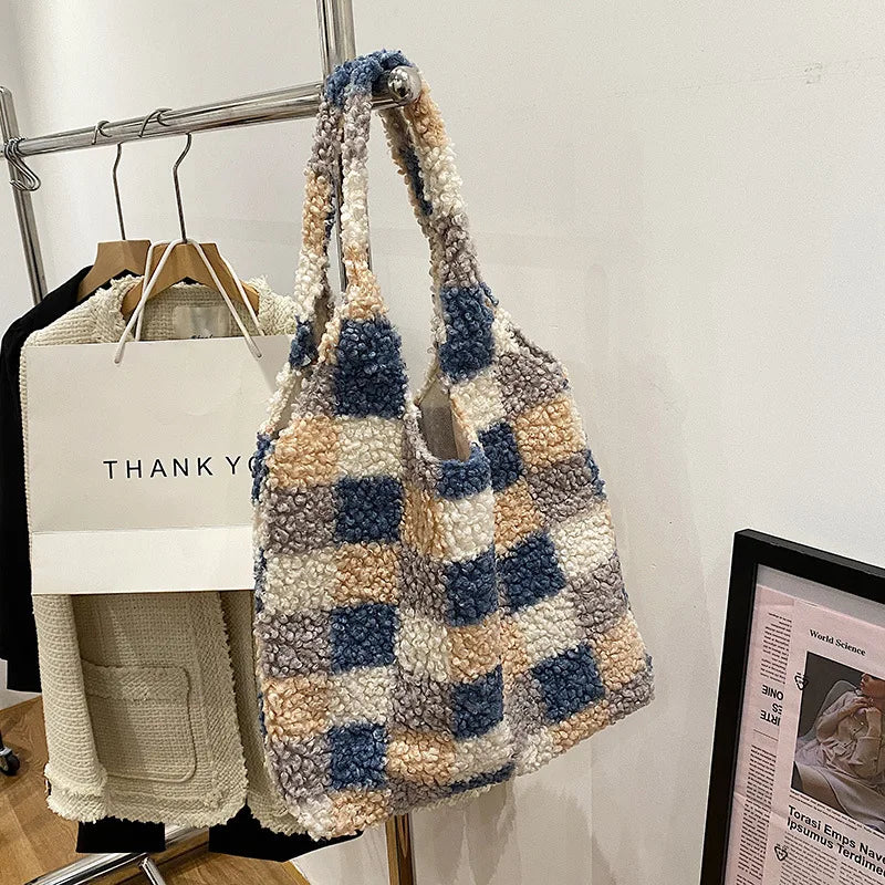 Plaid Pendant Shoulder Tote Bag for Women