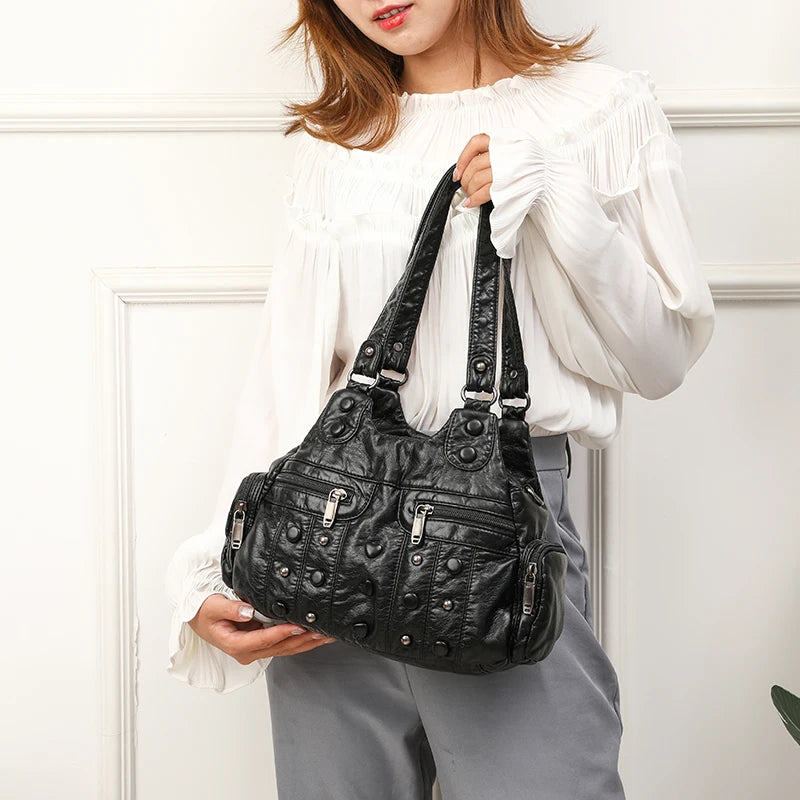 Vintage Sheepskin Women Messenger Bag - Washed Leather Shoulder Bag