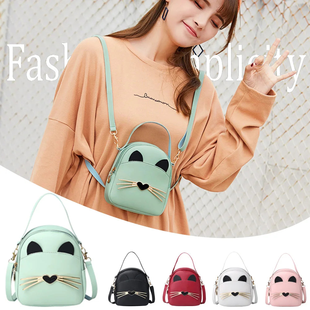 Cat Crossbody Messenger Bag Leather Purse Women Shoulder Backpack