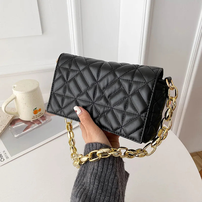 Plaid PU Leather Shoulder Bag with Acrylic Chain - Women's Underarm Handbag