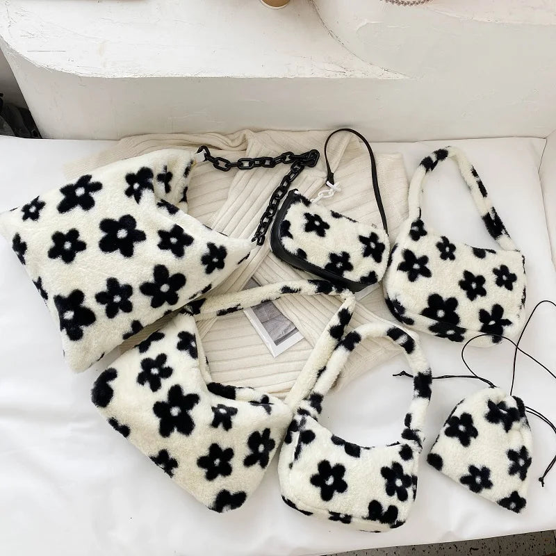 Vintage Flower Plush Shoulder Bag Women Large Capacity Messenger Bag
