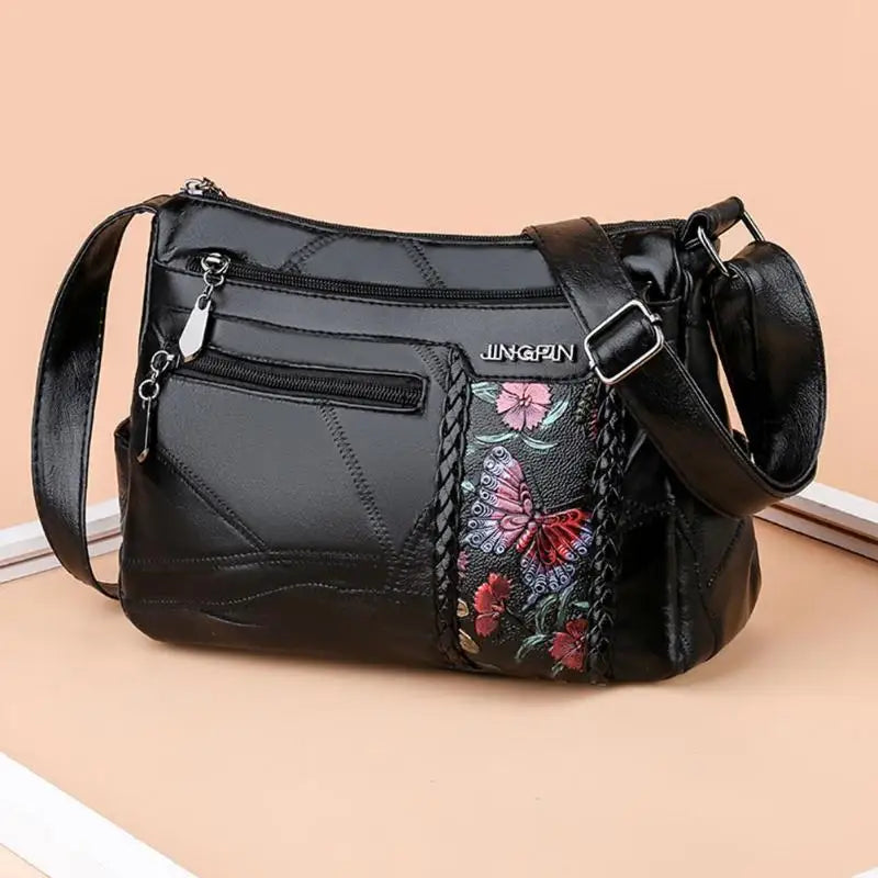 Flower Print Crossbody Bag Women Leather Shoulder Messenger Bag