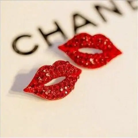 Red Lips Crystal Stud Earrings Sparkling Jewelry