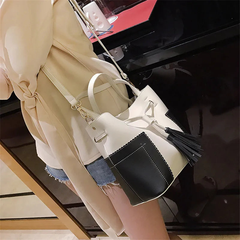 Spliced PU Leather Handbag Tassel Bucket Vintage Shoulder Bag