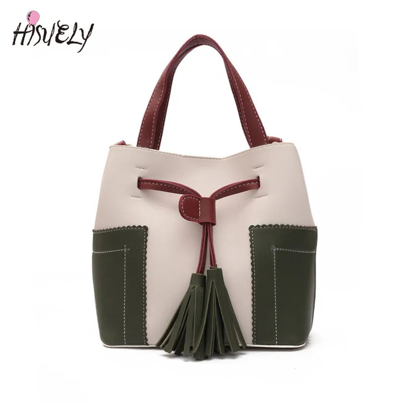 Spliced PU Leather Handbag Tassel Bucket Vintage Shoulder Bag