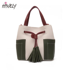 Spliced PU Leather Handbag Tassel Bucket Vintage Shoulder Bag