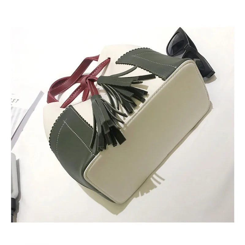 Spliced PU Leather Handbag Tassel Bucket Vintage Shoulder Bag