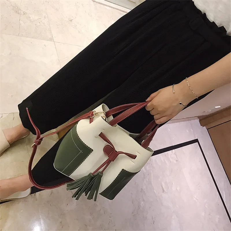 Spliced PU Leather Handbag Tassel Bucket Vintage Shoulder Bag