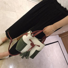 Spliced PU Leather Handbag Tassel Bucket Vintage Shoulder Bag