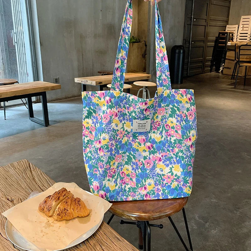 Flower Print Shoulder Bags Big Capacity Ladies Shopping Bags Canvas Handbags