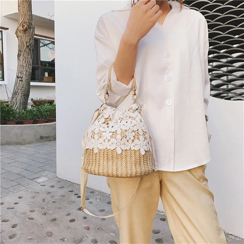 Straw Woven Shoulder Bag Summer Beach Handbag Crossbody Purse
