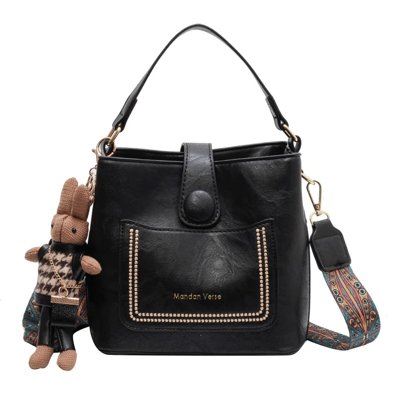 Vintage Small PU Leather Bucket Crossbody Bag for Women Lady Handbag